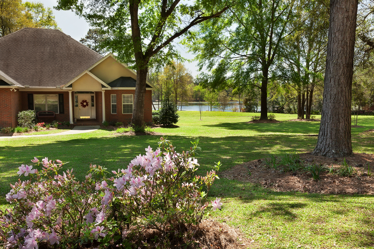 Residential house on a lake with large yard in the springtime