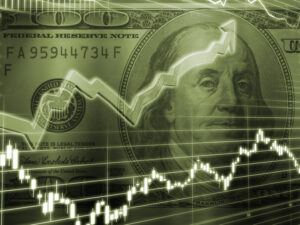 3D Rendered Abstract Background of one hundred dollar bill with stock market chart